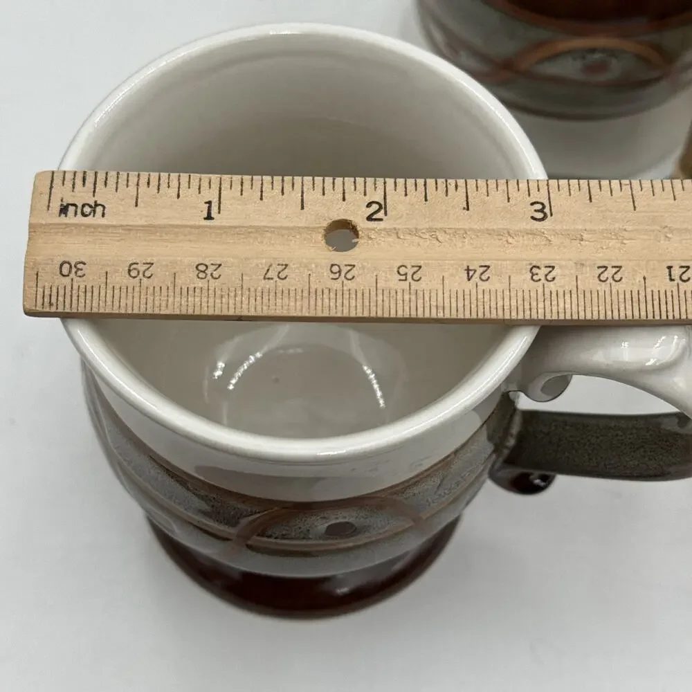 2 Vtg Stoneware Pottery Glaze Footed Brown & Greenish Gray Studio Clay Mugs Read